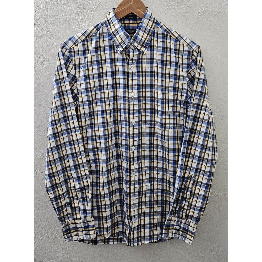 J.Crew Shirt Men's Size Small Blue Yellow Plaid Flex Washed Slim‎ Long Sleeve